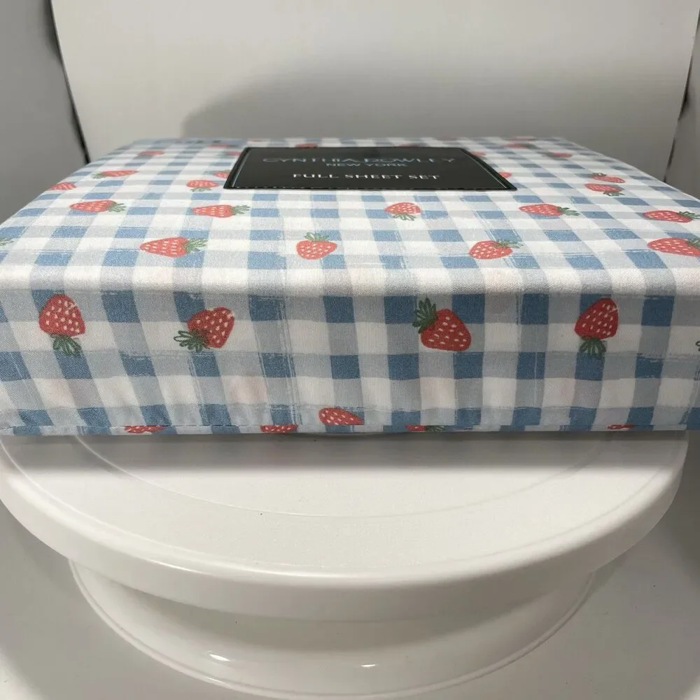 Cynthia Rowley Full Sheet Set Strawberry Gingham Blue Microfiber New